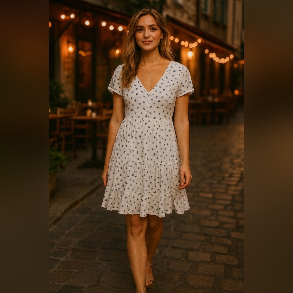 Small American Eagle White and Blue Mini Dress Flowy Tiered Daye Night Romantic